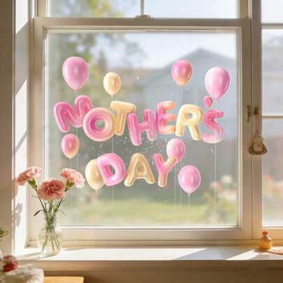 1/2 قطعة ملصقات نافذة جذابة لعيد الأم، قابلة لإعادة الاستخدام وذات تلصيق ذاتي، تتميز بتصميمات حرف وبالونات باللون الوردي المتدرج. مثالية لتزيين غرف المعيشة والنوم والمطابخ والحمامات كديكورات احتفالية.
