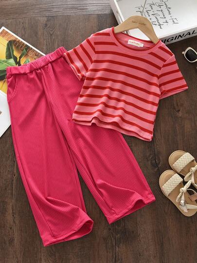 bearleader 2pcs/Set Girls Striped Knit Short Sleeve T-Shirt + Wide Leg Pants, Summer Casual Outfit