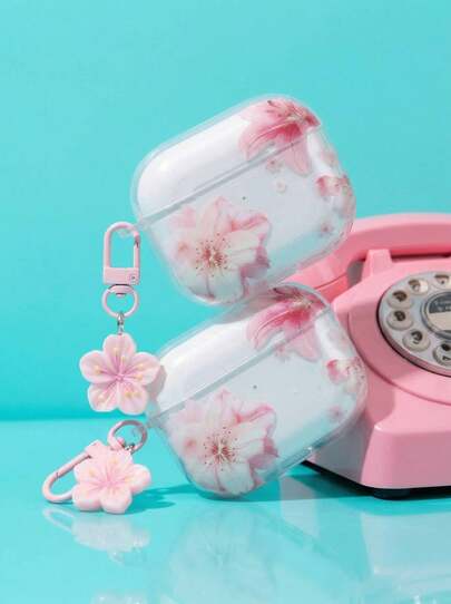 Lily Flower Earphone Case Cherry Blossom & Peach Flower Earphone Case Transparent Earphone Case With 1 Pink Flower Lanyard, Compatible With AirPods Pro (2nd Generation), 3, Pro, 1/2, 4