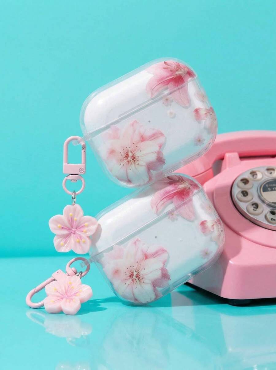 Lily Flower Earphone Case Cherry Blossom & Peach Flower Earphone Case Transparent Earphone Case With 1 Pink Flower Lanyard, Compatible With AirPods Pro (2nd Generation), 3, Pro, 1/2, 4