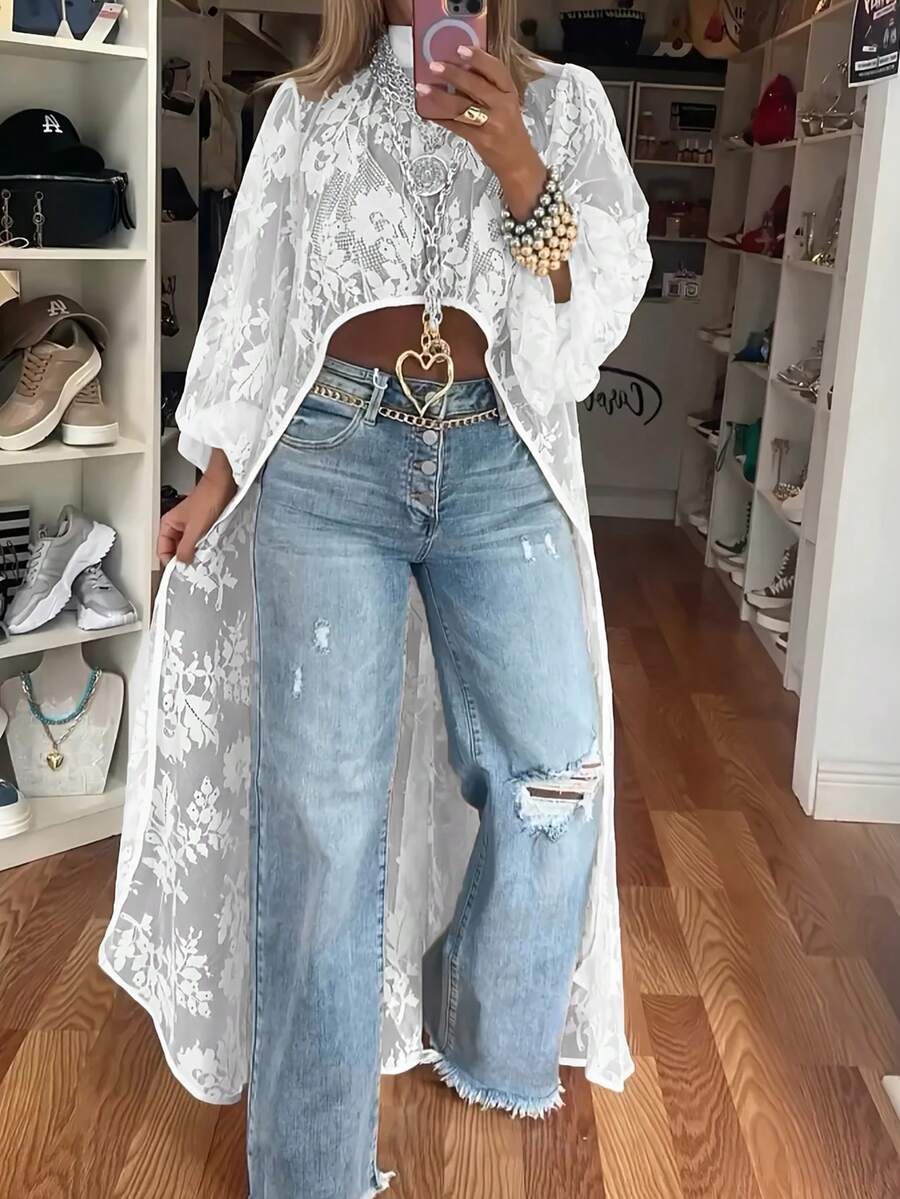 Women's Sheer Lace Long Blouse, Bishop Sleeve, Stand Collar, Suitable For Spring And Summer Wear White - White - View 1