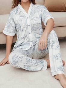 女士休闲宽松睡衣套装，V领长袖上衣和长裤，春秋季睡衣 - 淺藍色 - 查看 1