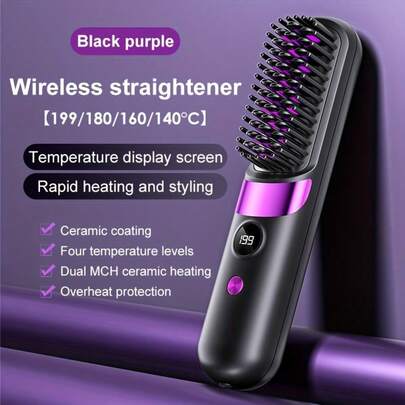 2-In-1 Wireless Heated Styling Brush - Curling & Straightening, Portable Design, Anti-Scald, Type-C Fast Charging, 1800mAh Large Battery, LED Display, Suitable For Home And Travel, Professional Styling Tool, Women's Hair Styling Tool, Perfect Holiday Gift. Provides 2 Size Options.