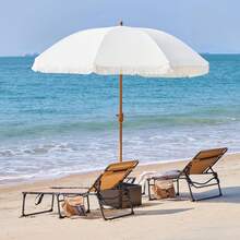 7.5ft Patio Umbrella With Tassels, Fringe Portable Beach Umbrella, Umbrella Outdoor Patio With Crank Operating Mechanism, Tilting Aluminum Pole, Fiberglass Ribs For Garden, Pool, Cream - 白色 - 查看 5