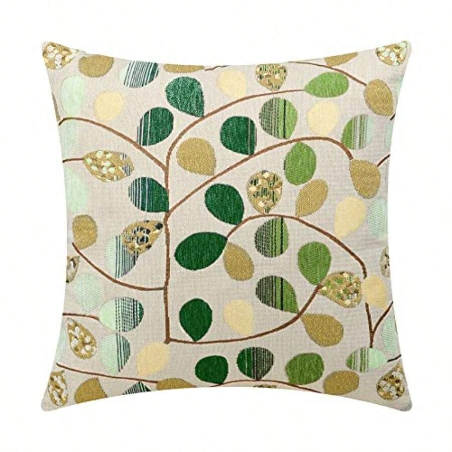 Euphoria Home Decor Cushion Cover Throw Pillow Case Shell Luxury Chenille Cute Leaves Ecru Green Color 18" X 18" Reversible - Hojas verdes - Ver 1