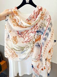 1pc Spring/Autumn Vibrant Ocean Themed Scarf, Women's Lightweight Long Shawl For Travel, Photo Shoot, Outerwear, Versatile Accessory, Sun Protection,Beach,Holiday - Beige - View 2