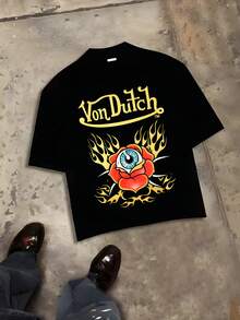 Von Dut Ch Y2K Retro Style Mens Crew Neck Short Sleeve T Shirt Rose Eye Flame Print 250g Heavy Weight 100 Percent Cotton Breathable Skin Friendly Valentines Day Summer - Black - View 2
