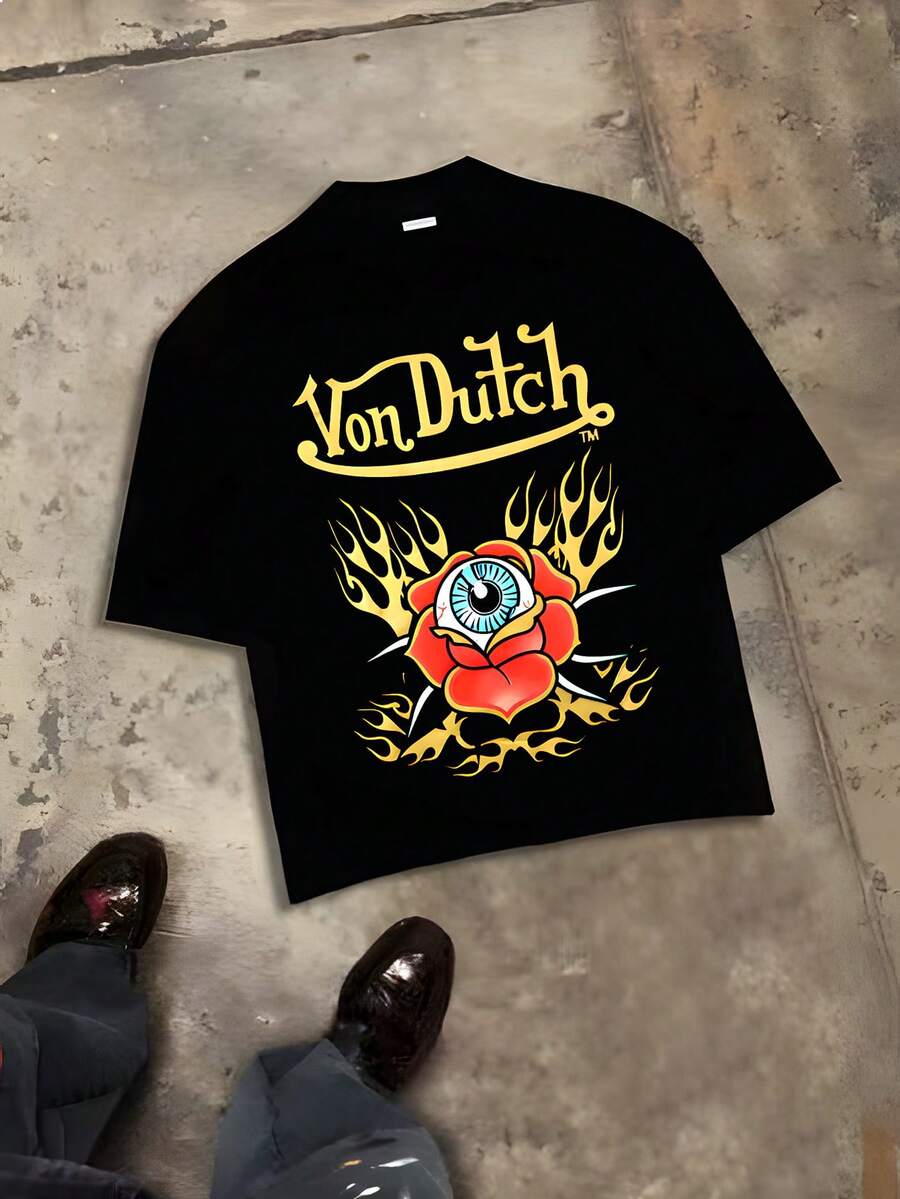 Von Dut Ch Y2K Retro Style Mens Crew Neck Short Sleeve T Shirt Rose Eye Flame Print 250g Heavy Weight 100 Percent Cotton Breathable Skin Friendly Valentines Day Summer