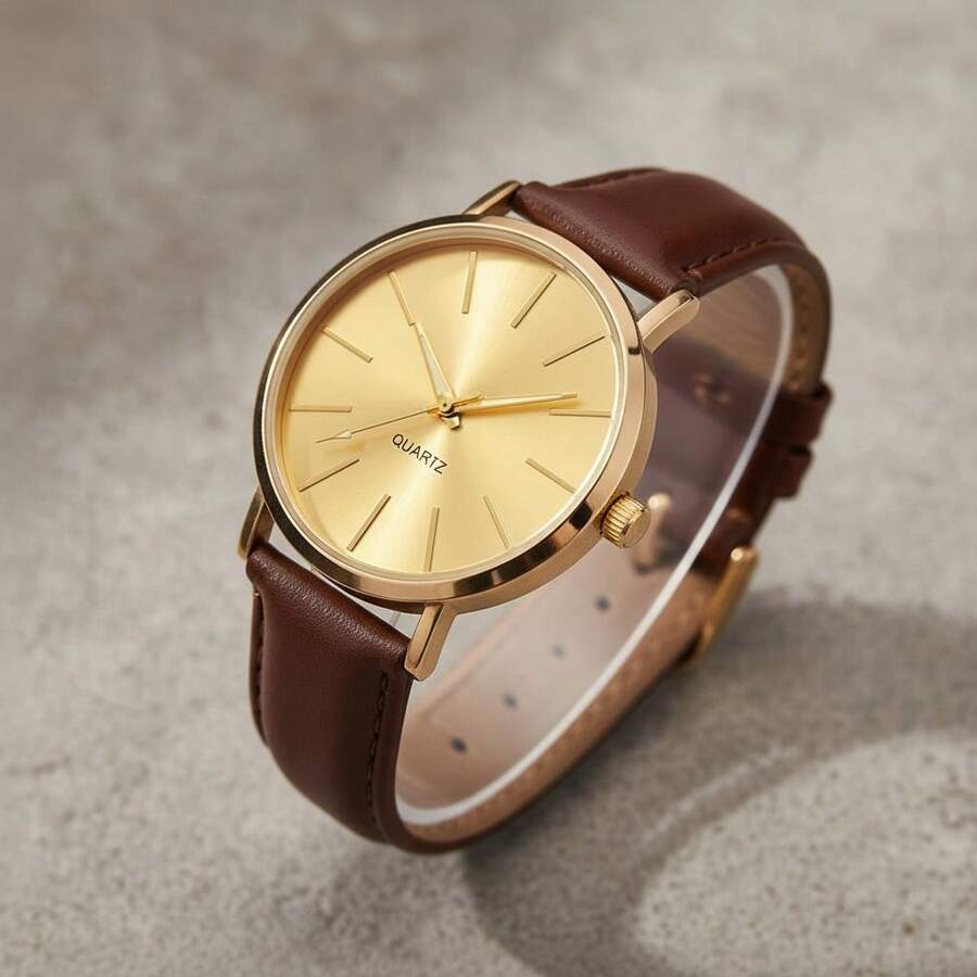 Men's Minimalist Business Quartz Watch Elegant Leather Strap Gold Case Beautiful Gold Dial - 金色 - 查看 1