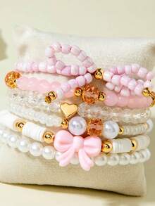 1 Set Cute Faux Pearl & Crystal Butterfly Beaded Bracelet Set, Suitable For Girls, Friendship Jewelry, Party Gift - Multicolor - View 4