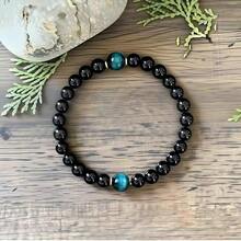 1颗8毫米天然人造石虎眼石珠手工手链，男女皆宜的珠宝礼品 - 黑色 - 查看 3