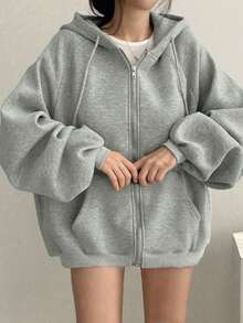 Women's Solid Color Raglan Sleeve Long Sleeve Casual Loose Drawstring Fleece Hoodie, Autumn/Winter - Light Grey - View 4