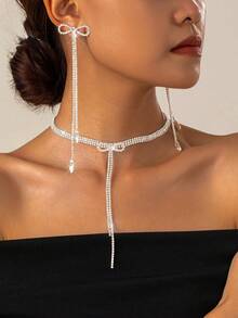 韩式电镀长款蝴蝶结流苏耳环项链套装，甜美百搭多层颈链 - YM0003 - 查看 2