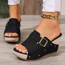 2026 Summer New Black Suede Metal Buckle Wedge Heel Mules, Woven Platform Open Toe Slip-On Sandals, Vacation Style Versatile Thick Sole Slippers For Plus Size Women - Black - View 6