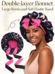 1pc Satin Butterfly Print Sleep Cap, Suitable For Wigs Straight/Curly Hair, Adjustable Pleated Double Layer Non-Slip Satin Sleep Cap, Hair Care - 60 Lace Hat - View 13