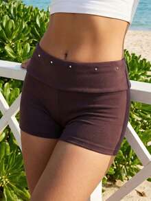 Mini Shorts For Women Low Rise Fashion Rivet Decor Decor Hot Pants Summer Fold Over Waistband Micro Shorts - Chocolate Brown - View 4