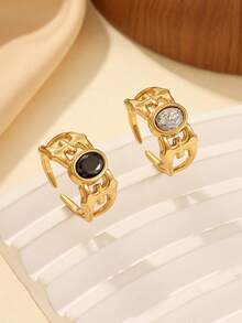 两件套不锈钢时尚简约金色戒指，镶嵌黑白水钻，适合女士日常佩戴或作为礼物 - 金黃色 - 查看 2