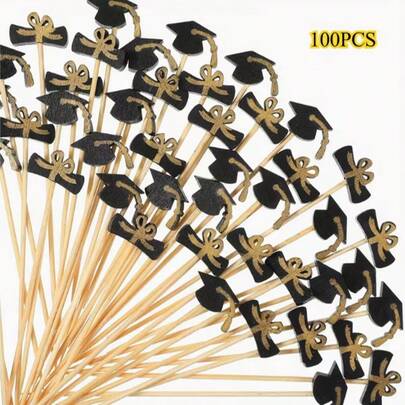 50/100pcs Graduation Cocktail Picks, Mortarboard Bamboo Skewers, Suitable For Fruit, Sandwiches, Cake Decoration, Party Supplies, Great For Graduation, Birthday And Dinner