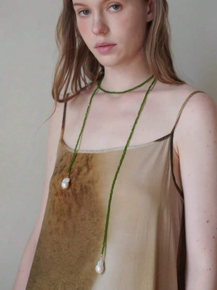 1件法式优雅复古小众设计不对称珍珠水晶项链，百搭长款锁骨链，适合日常、派对、旅行等各种场合。 - a - 查看 1