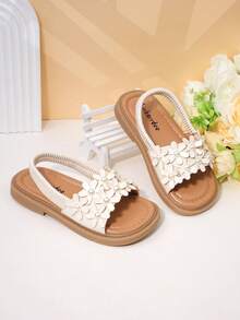 夏季新款甜美碎花女童凉鞋，儿童鞋，婴幼儿平底鞋，小女孩公主休闲凉鞋，松紧带柔软防滑沙滩鞋 - 米色 - 查看 6