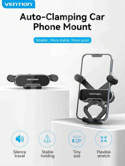 VENTION车载手机支架 - 重力隐形支架，出风口夹式设计，单手操作，不堵塞出风口，带充电线孔，多点固定防抖，ABS材质，适用于4.7-7.2英寸智能手机，黑色，仪表盘式车载配件，适用于轿车、卡车、办公室和家庭。