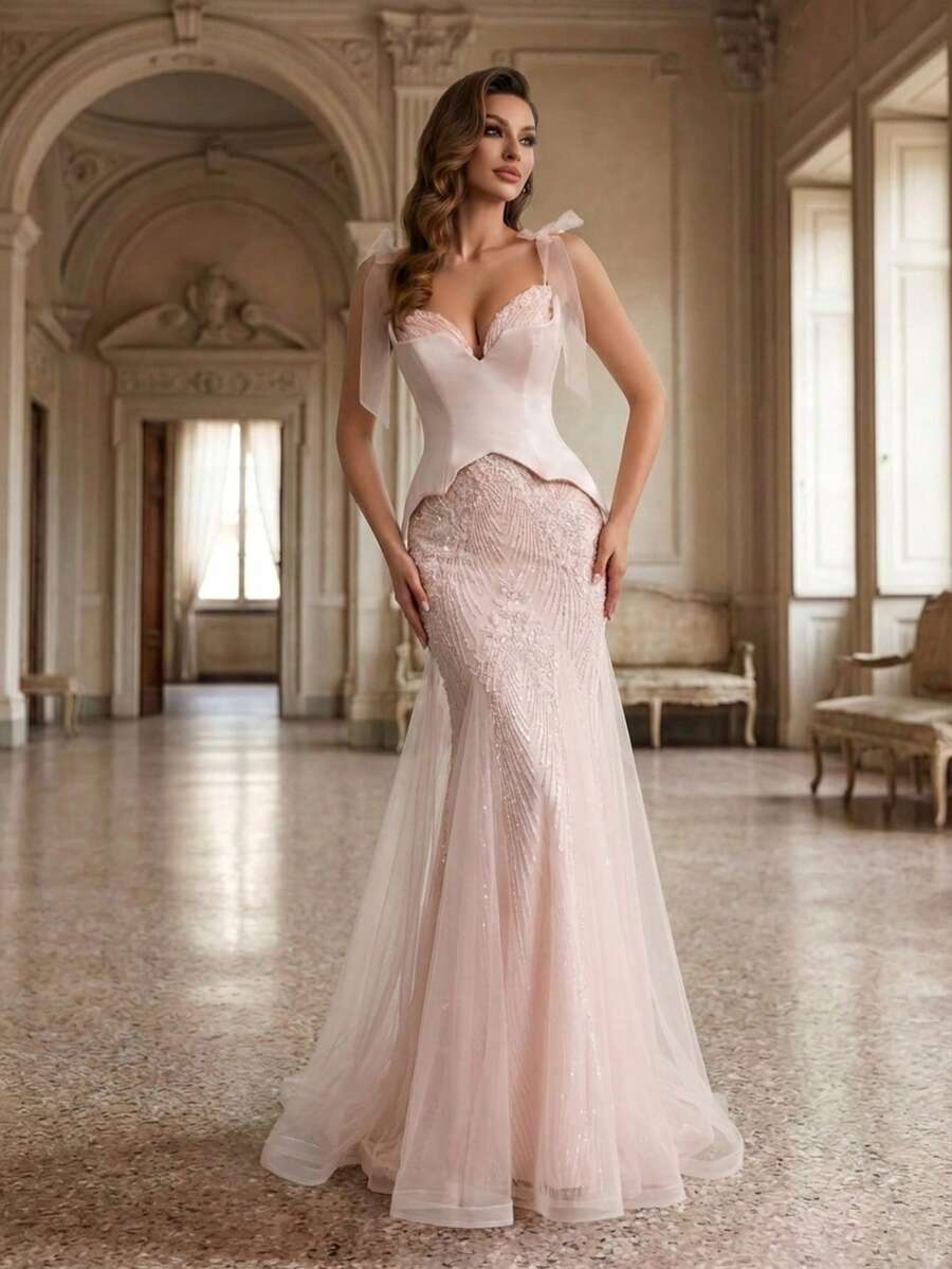 A Light Pink Satin Sequin-Embroidered Deep V-Neck Tulle Lace-Up Mermaid Train Court Luxury Evening Gown Wedding Spring Party - Baby Pink - View 1