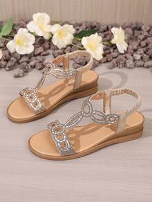 Women's Gentle Vacation Rhinestone Wedge Sandals – Retro Cut-Out Sparkling Rhinestone Roman Shoes, Lightweight Non-Slip Open-Toe Wedge Shoes - Gold - View 3