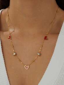 1件 时尚简约钻石滴油黑红爱心配饰链条镀金首饰不锈钢项链 - 愛心 - 查看 6