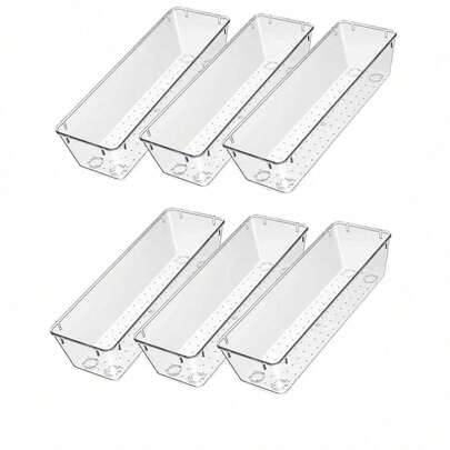 6个透明塑料抽屉收纳盒，抽屉分隔整理盒，适用于卧室、浴室、办公室，可存放化妆品、珠宝、小物件、餐具等。