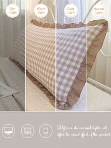1pc Beige Plaid Ruffled Oblong Throw Pillow Cover - Soft Polyester Fabric, Suitable For Bedroom Sofa Decor Lumbar Cushion, Spring Decor, All Season Use, - Brown - View 5