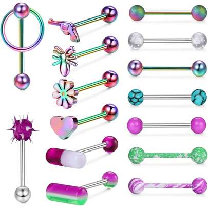 Diamday 14G Tongue Bars Surgical Steel Piercing For Women Men Double Barbell Tongue Bar Nipple S Barbells Body Jewellery Set