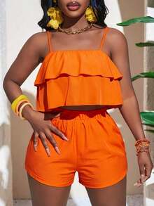 2025 Summer New Arrivals, Music Festival, Easter, St. Patrick's Day, Western Style, Nomadic Style, Birthday Party, Graduation, Student Wear, Casual Daily Outfit, Vacation, Cruise Travel, Beach, Sunbathing, Fashion Influencer Style, Double-Layer Ruffle Cami Tank Top Set For Women - 多色 6 - 查看 11