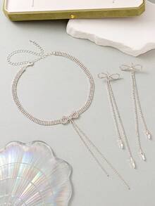 韩式电镀长款蝴蝶结流苏耳环项链套装，甜美百搭多层颈链 - YM0003 - 查看 7