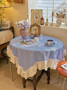 1 pieza Mantel con volantes estilo clásico americano, con parches de encaje y cuadros azules al estilo coreano dulce, adecuado para el Día de San Valentín, bodas y decoración del hogar - Multicolor - Ver 7