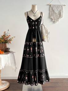 Rusttydustty Vestido largo estampado de estilo bohemio, adecuado para fiestas y uso en vacaciones, elegante - Negro - Ver 7