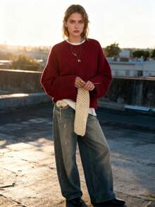 VIBEWAVE Vintage American Style Crew Neck Sweater, Casual Cozy High-End Knit Pullover For Autumn/Winter - Red - View 2