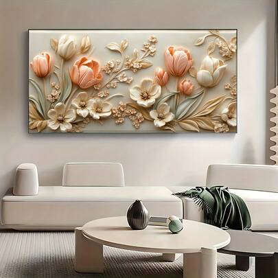 无框现代郁金香和花卉帆布墙画海报，白色、粉色、绿色、棕色和橙色花卉设计，适用于客厅或卧室装饰，优雅家居装饰，精致风格，暖色调，花卉装饰