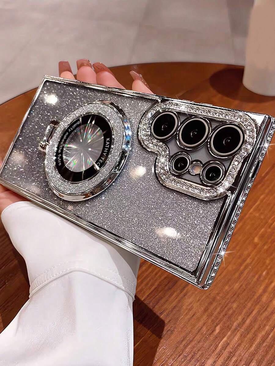 1pc Luxury Gradient Glitter Diamond Holder Phone Case, Compatible With Samsung S26 Ultra, S24, S25 Ultra, S24 Plus, S23 Ultra, S22 Ultra, S23, A15, A55, Wireless Charging Camera Shockproof Protective Cover - Silver - View 1