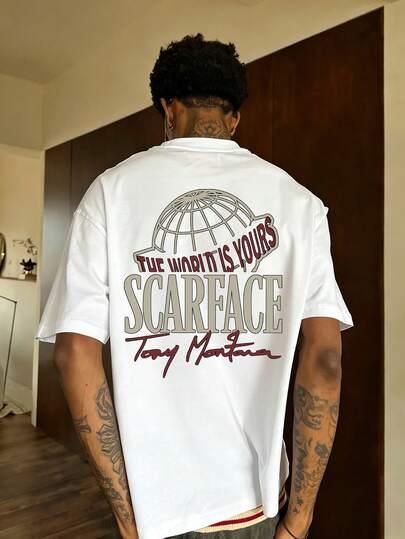  Camiseta de manga corta con cuello redondo y estampado de letras minimalista de moda de verano para hombres FRACTYR | Estilo básico de calle casual