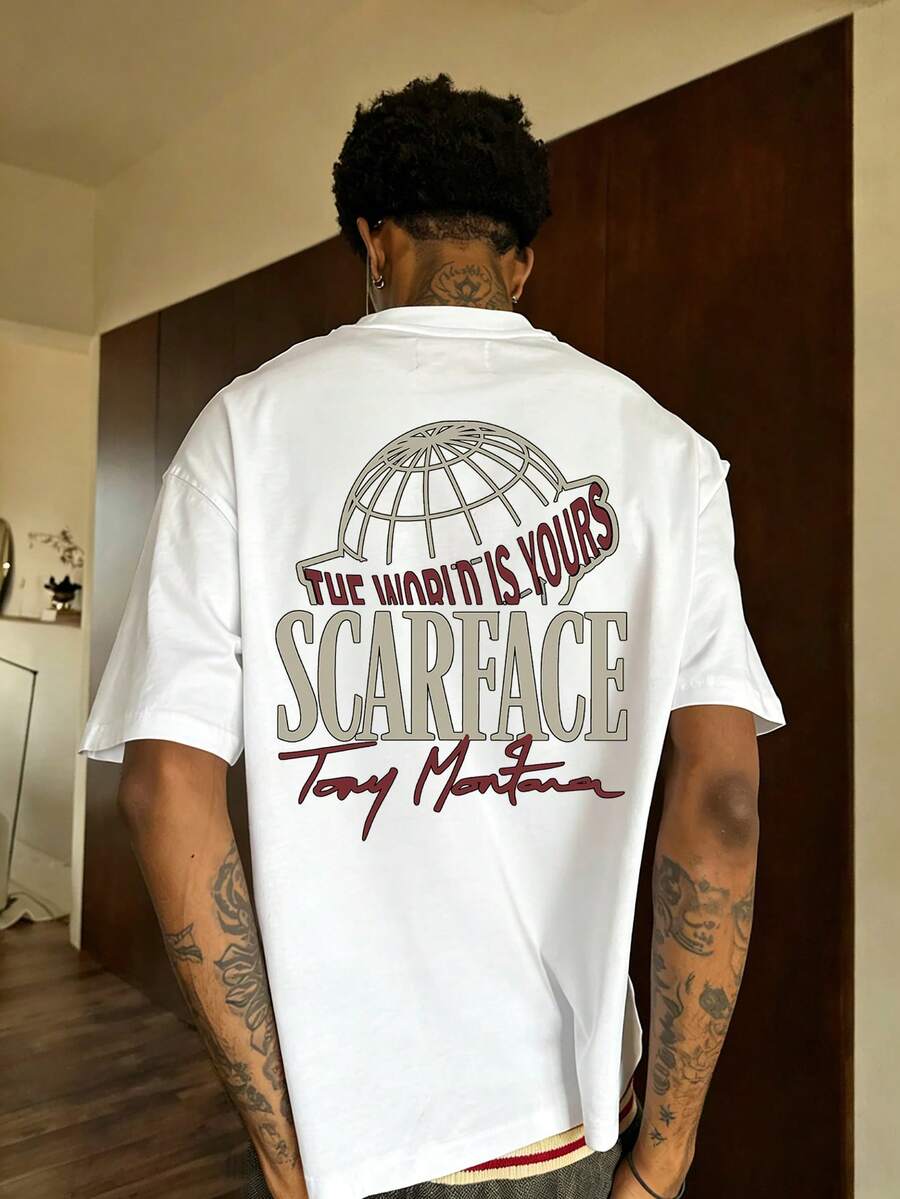 FRACTYR Men's Summer Fashion Minimalist Letter Print Round Neck Short Sleeve T-Shirt | Basic Style Street Casual Top - White - View 1