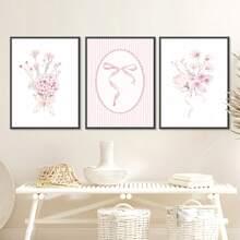 3 peças Impressão em Tela de Arte de Parede Floral com Laço Rosa Fofo sem Moldura, Decoração Minimalista e Estética para Quarto de Meninas, Quarto Infantil, Sala de Jogos, Quarto, Casa Moderna - Multicolorido - Visão 7