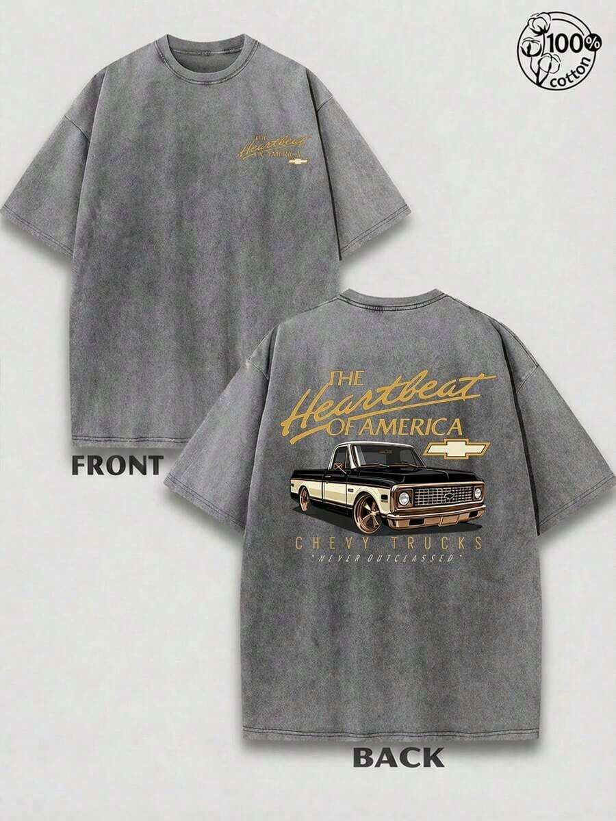 Vintage T Shirts Men, Plus Size The Heartbeat Of America Chevrolet Pickup Graphic, 230g Washed Cotton Crew Neck Short Sleeve T-Shirt, Distressed, Streetwear Loose, Big And Tall, Summer, Free Shipping - 深灰色 - 查看 1