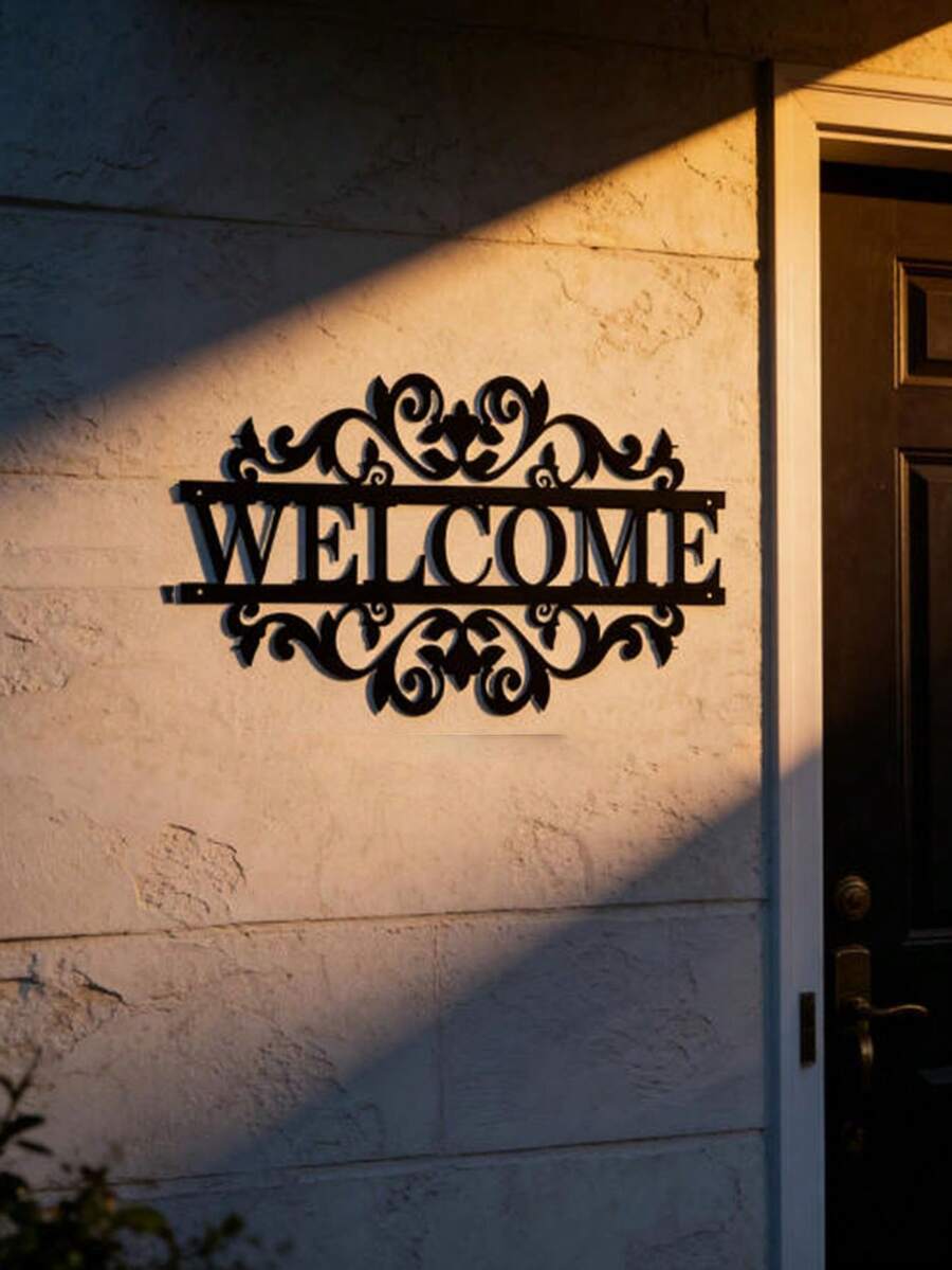 Outdoor Welcome Sign Wall Decor, Hollow Letters And Lines Iron Art Wall Hanging
