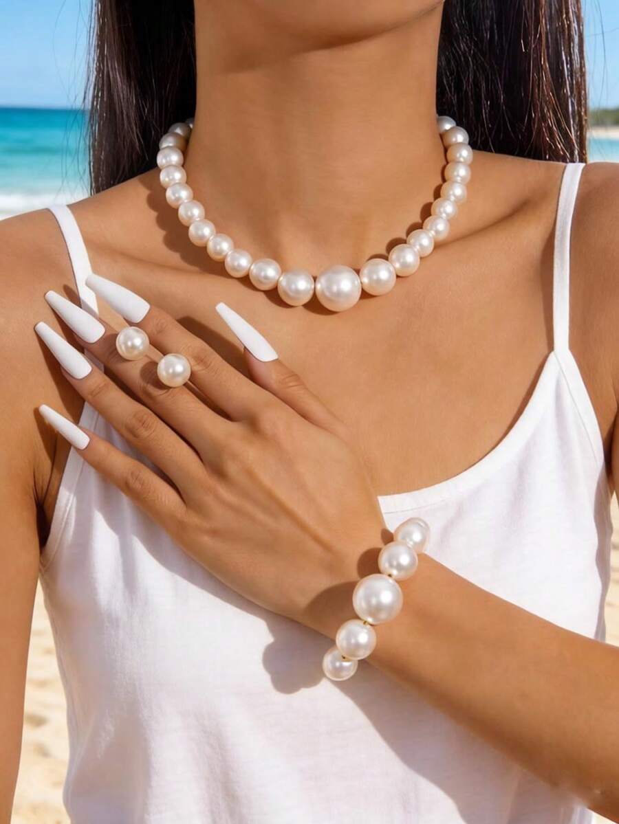 imoli 1 Necklace + 1 Bracelet + 1 Pair Earrings / Fashionable Minimalist Versatile Geometric Faux Pearl Necklace, Bracelet, Earrings Jewelry Set, Suitable For Women's Daily Wear, Jewelry Gift For Friends