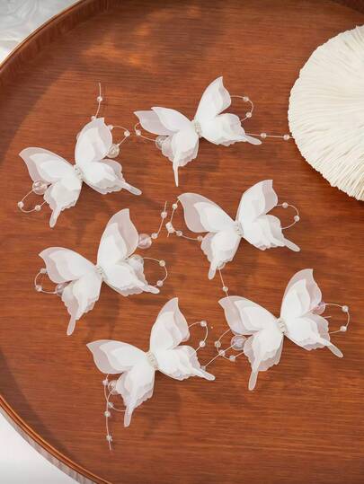 6个/套双层薄纱蝴蝶发夹，镶嵌水钻/珍珠，适合女性和女孩，可日常佩戴，适合派对、婚礼等场合，可搭配复古、甜美和学院风等造型。