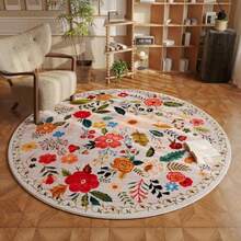 Round Rug 4ft Washable Circle Rug Non Slip Low Pile Boho Floral Small Circular Rug for Bedroom Bathroom Entryway Room Office College Dorm Beige - Beis - Ver 2
