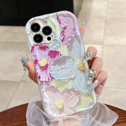 1个创意油画花卉鸢尾牡丹图案透明奶牛纹防震保护手机壳，适用于 17 Air/16 Pro Max/16 Pro/16 Plus/16/15/14/13/12/11/XSM/XS/XR/7/8