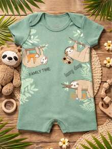 Summer Romper Jumpsuit With Short Sleeves In Suedine Fabric, Sloth Print, And Button Closure - Màu xanh Ô liu - Xem 7