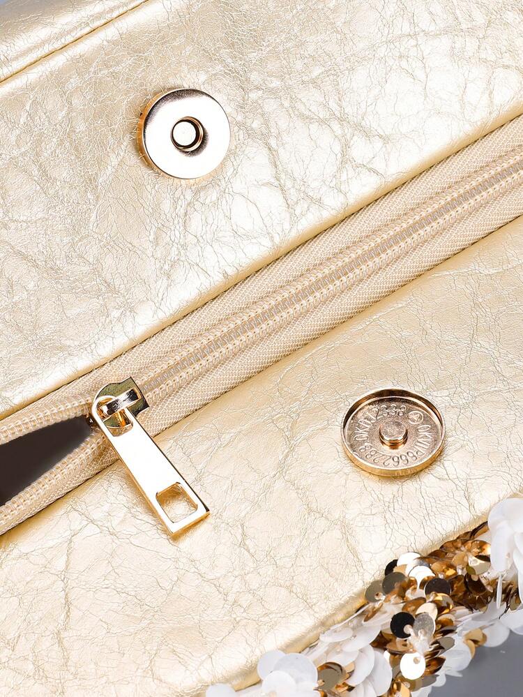 1件女士奢华金白亮片手拿包，时尚优雅的夏季晚宴包，适合购物、聚会和日常休闲场合。 - 金色 - 查看 7