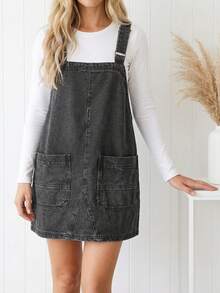 CICILEEDA Women's Casual Sleeveless Denim Pinafore Dress With Straps, Raw Wash Short Length For Everyday Wear - Xám - Xem 3